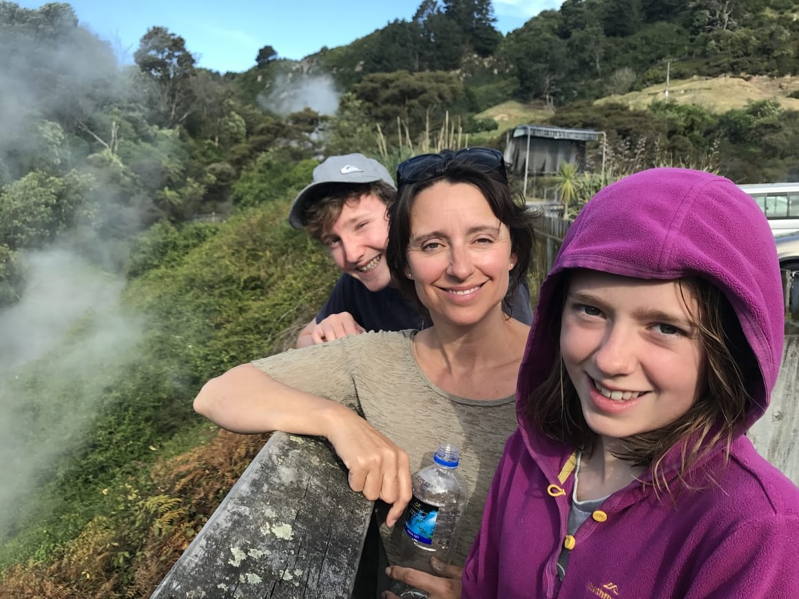 Family at the hopt pools in Rotorua, New Zealand. New Zealand travel blog about to travel on a budget