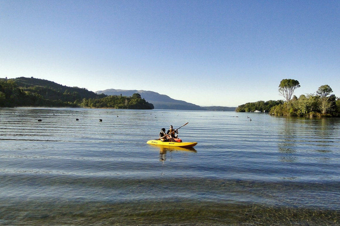 Kayaks on a lake in New Zealand