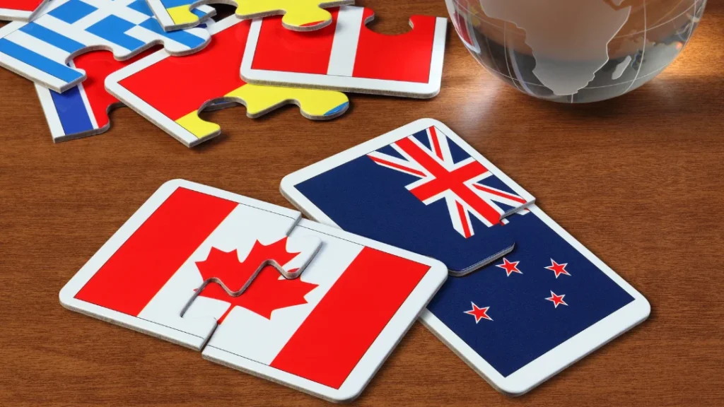 Pieces of a puzzle. New Zealand flag and Canadian flag. Leaving Canada to retire in New Zealand