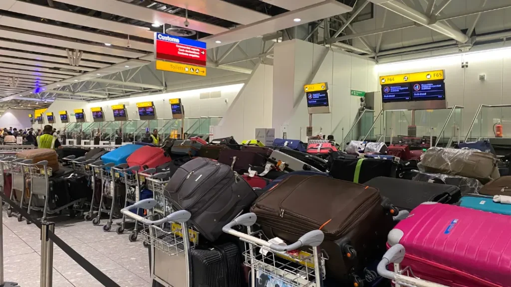 Bags at Heathrow Airport. Returning to England