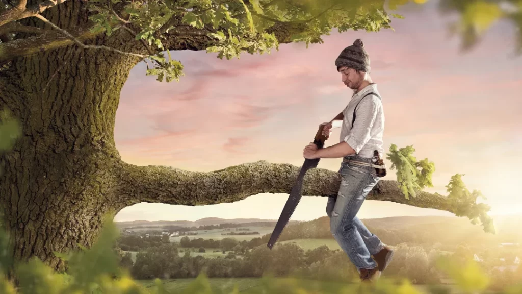Man sitting on a tree in New Zealand with a saw in his hand. What NOT to say in New Zealand