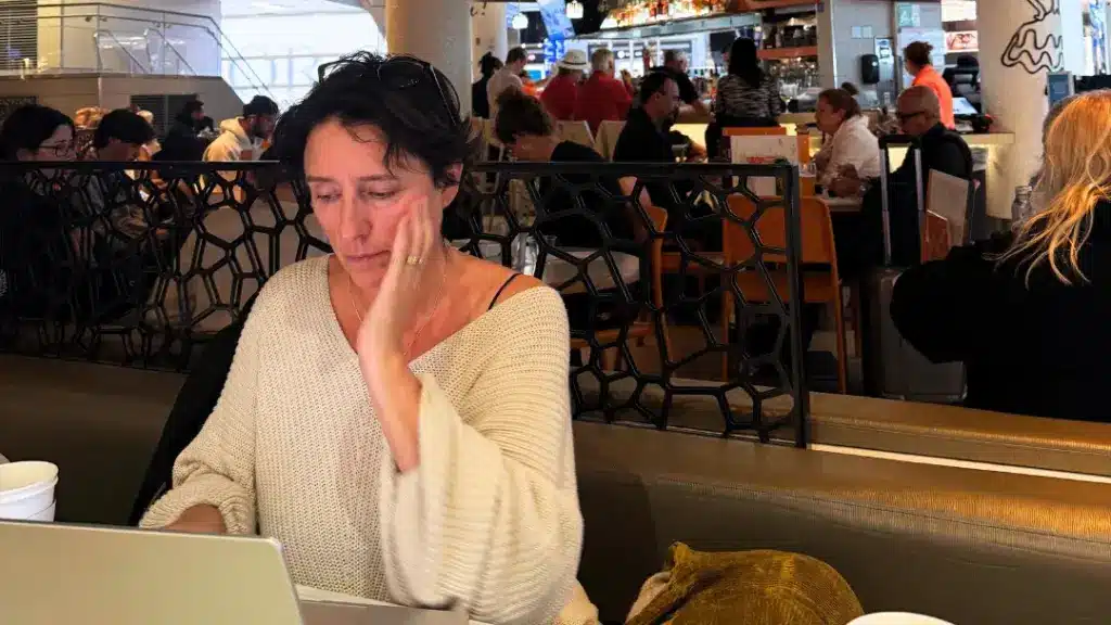 Woman at airport after a long flight
