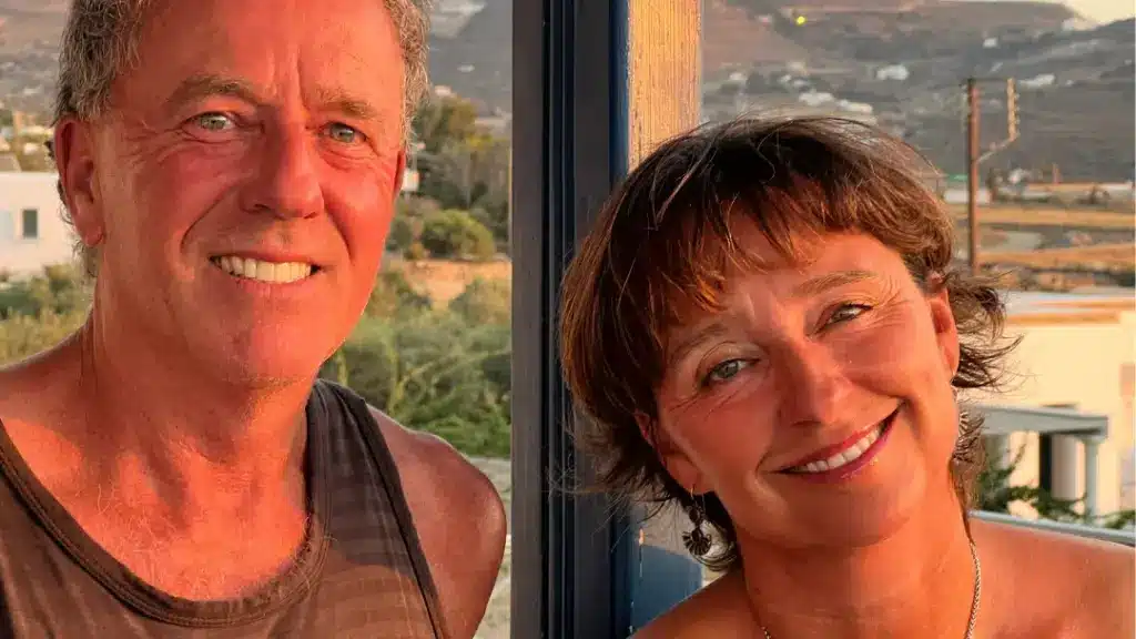 A married couple, husband and wife in Greece for the summer recording a podcast episode for "It's a Drama"