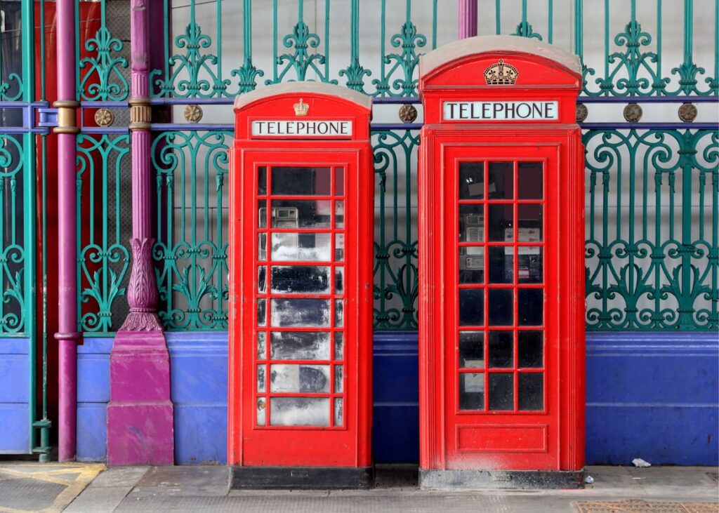 Two red telephone boxes. Misconceptions of the UK