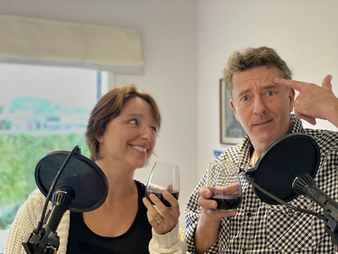 Man and wife talking on their new Zealand podcast