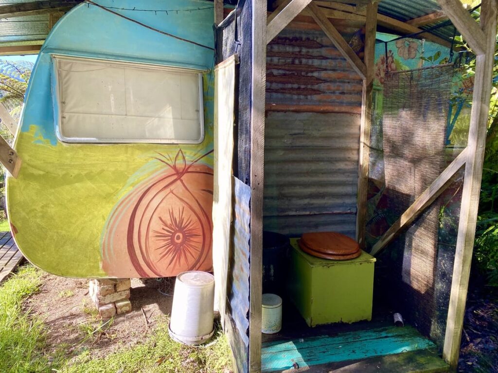 Outdoor toilet in a glamping in New Zealand experience