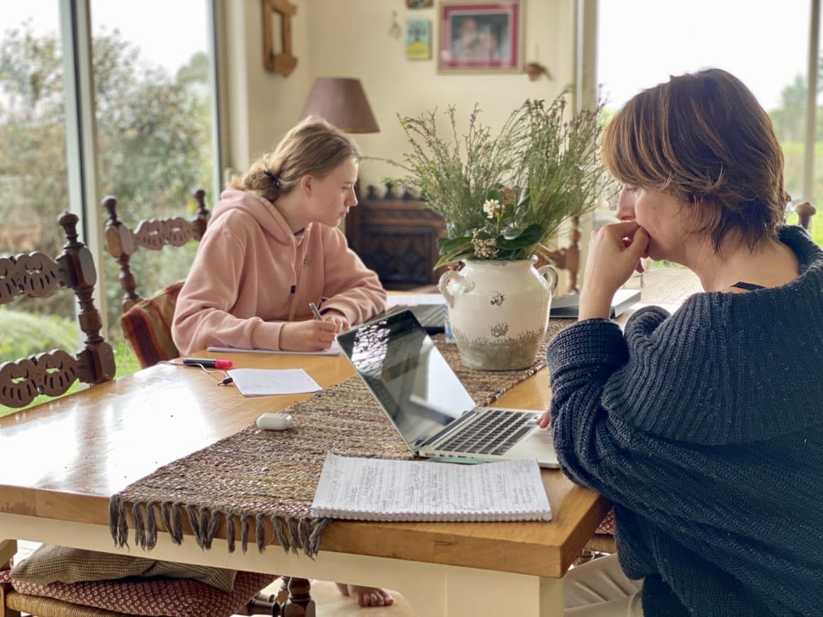 Mother and daughter homeschooling and working at the same time