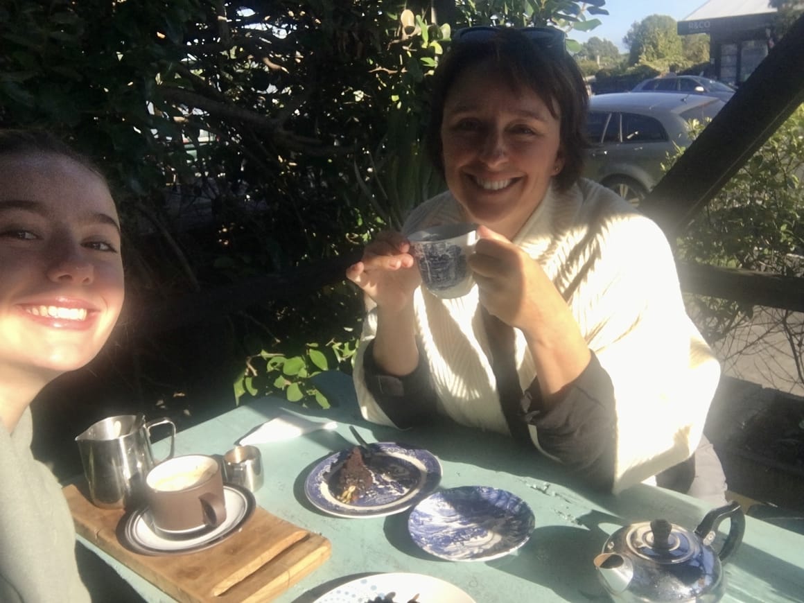 Mother and daughter having tea in New Zealand