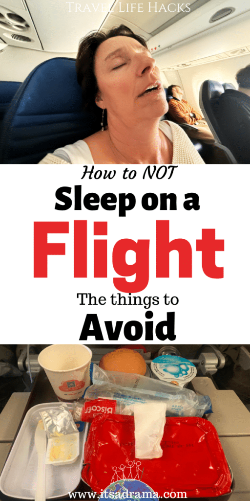 Woman asleep on a flight on a airplane.