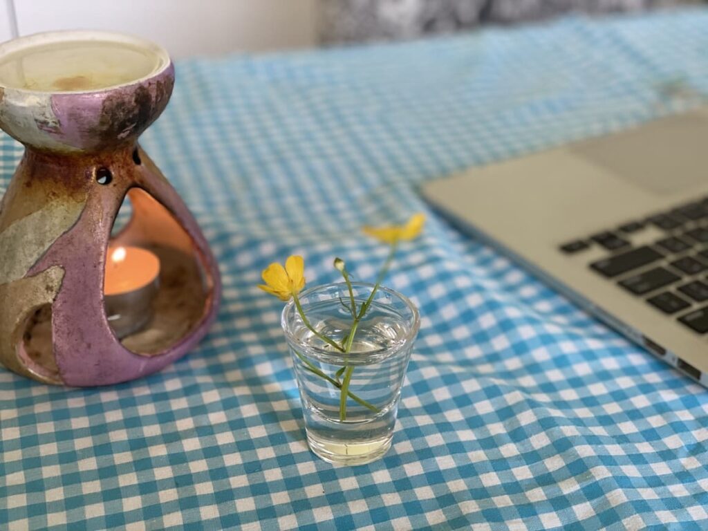 Daisy in a glass and an oil burner