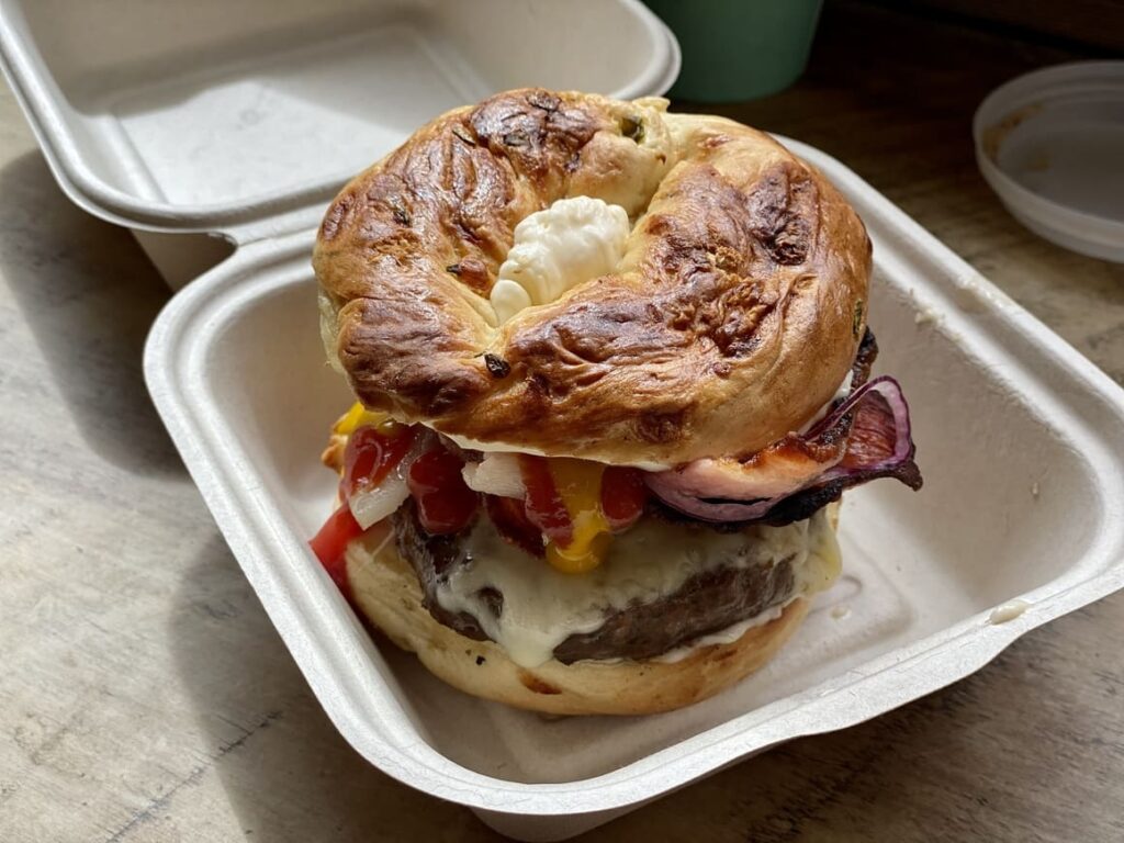 Burger in a takeaway container. New zealand favourite foods