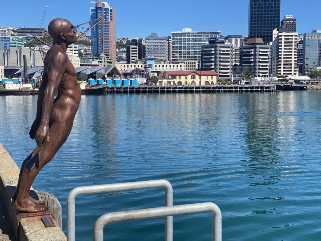 Statue by water in Wellington, New Zealand